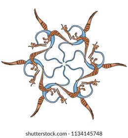 Isolated vector illustration. Abstract round decor or mandala made of stylized winged dragons. Based on medieval Gothic motif.