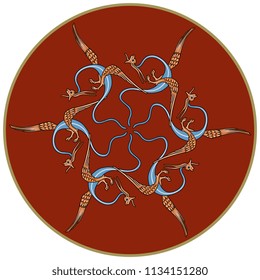 Isolated vector illustration. Abstract round decor or mandala made of stylized winged dragons in a circle. Based on medieval Gothic motif.