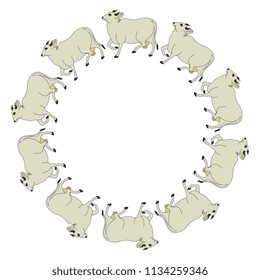 Isolated vector illustration. Abstract round decor, frame or border with silhouettes of sacred Indian cows. Based on vintage Hindu motif.