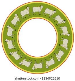Isolated vector illustration. Abstract round decor, frame or texture with silhouettes of sacred Indian cows. Based on vintage Hindu motif.