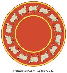 Isolated vector illustration. Abstract round decor, frame or texture with silhouettes of sacred Indian cows. Based on vintage Hindu motif.