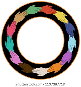 Isolated vector illustration. Abstract round decor, frame or texture with colorful human hands. Cartoon style.