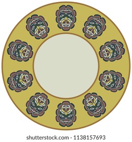 Isolated vector illustration. Abstract round decor, frame or texture with indigenous masks of Kwakiutl Indians.