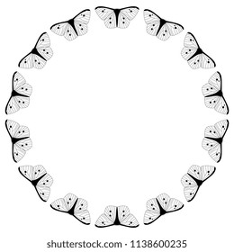 Isolated vector illustration. Abstract round decor or frame with silhouettes of stylized butterflies or moths. Black silhouette on white background.