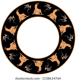 Isolated vector illustration. Abstract round decor, frame or texture with silhouettes of seated men and swallows. Based on ancient Greek and Cretan ethnic motifs.