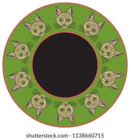 Isolated vector illustration. Abstract round decor, frame or texture with stylized cat's heads. Based on ancient Russian folk motif.