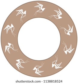 Isolated vector illustration. Abstract round decor, frame or texture with silhouettes of stylized swallows. Based on ancient Cretan Minoan ethnic motif.