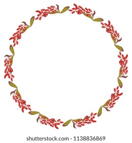 Isolated vector illustration. Abstract round decor or frame with clusters of red dogwood or barberry berries. Folk style.