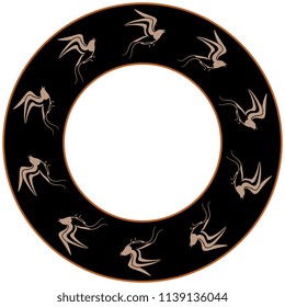 Isolated vector illustration. Abstract round decor, frame or texture with silhouettes of stylized swallows. Based on ancient Cretan Minoan ethnic motif.