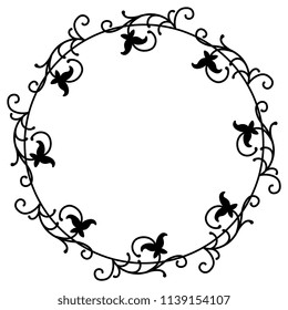 Isolated vector illustration. Abstract round frame or decor with floral motifs. Black silhouette on white background.