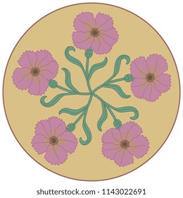 Isolated vector illustration. Abstract round decor, star or mandala made of wild carnation blossom in a circle. Based on medieval European motif.