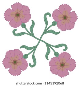 Isolated vector illustration. Abstract round decor, cross or mandala made of wild carnation blossom. Based on medieval European motif.
