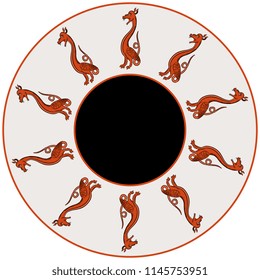 Isolated vector illustration. Abstract round decor, texture or frame with silhouettes of funny medieval dragons.