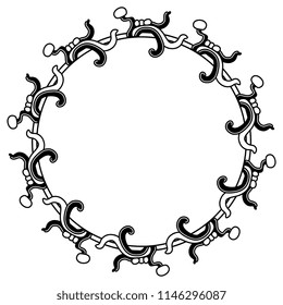Isolated vector illustration. Abstract round decor or frame with abstract scrolls. Mexican Maya Indians style. Black and white linear silhouette.
