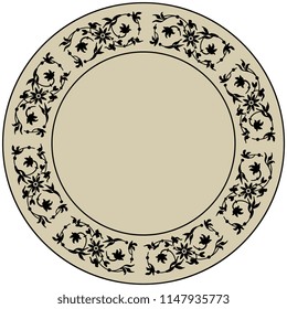 Isolated vector illustration. Abstract round frame or texture with elegant silhouetted floral decor. Based on Indian medieval motif.