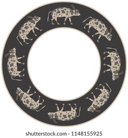 Isolated vector illustration. Abstract round decor, frame or texture with silhouettes of ancient Egyptian cows. Cartoon style.