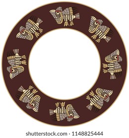 Isolated vector illustration. Abstract round decor, frame or texture with silhouettes of fantastic birds. Based on ethnic motif of ancient Peruvian Nazca or Nasca Indians.