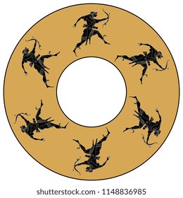 Isolated vector illustration. Abstract round decor, frame or texture with silhouettes of ancient Greek god Apollo. Based on vase painting motif.