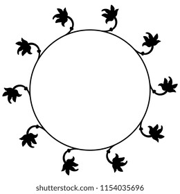 Isolated vector illustration. Abstract round frame with floral motifs. Black silhouette on white background.