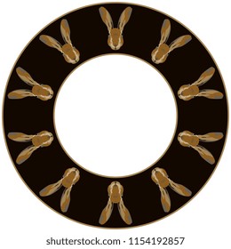 Isolated vector illustration. Abstract round decor, frame or texture with stylized faces of hares. Flat cartoon style.
