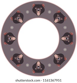 
Isolated vector illustration. Abstract round decor, frame or texture with faces of Tasmanian devil and floral motifs.
