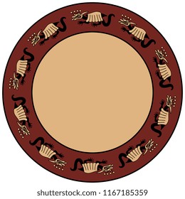 Isolated vector illustration. Abstract round decor, frame or texture with fantastic creatures. Based on ancient Peruvian ethnic motif of Moche or Mochica Indians.