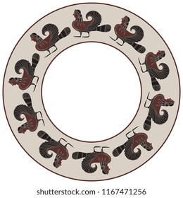 Isolated vector illustration. Abstract round decor, frame or texture with fantastic mythological creatures. Ancient Greek Siren. half bird half woman. Based on vase painting motif.