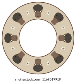 Isolated vector illustration. Abstract round, decor, frame or texture with heads of Australian mammal Platypus and simple daisies. Flat cartoon style.