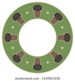 Isolated vector illustration. Abstract round, decor, frame or texture with heads of Australian mammal Platypus and simple hearts. Flat cartoon style.