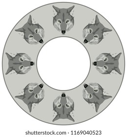 Isolated vector illustration. Abstract round, decor, frame or texture with wolf heads.