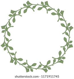 Isolated vector illustration. Abstract round floral decor or frame. Wreath of stylized branches with leaves. Vintage style.