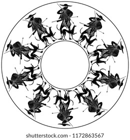 Isolated vector illustration. Abstract round decor or frame with silhouettes of ancient Greek young hunter with a dog. Black and white silhouette.