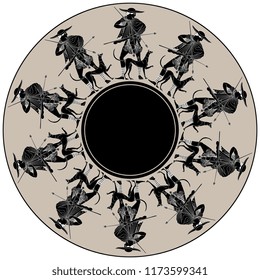 Isolated vector illustration. Abstract round decor or frame with silhouettes of ancient Greek young hunter with a dog. Based on vase painting motif. 