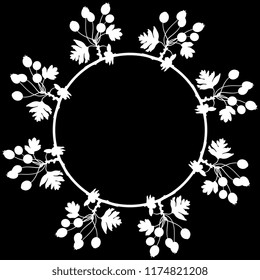 Isolated vector illustration. Abstract round floral decor or frame with branches of hawthorn berries. White silhouette on black background.