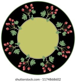 Isolated vector illustration. Abstract round floral decor, frame or texture with wreath of hawthorn branches with leaves and berries. 