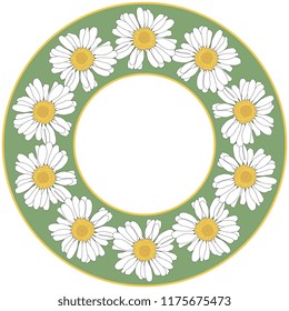 Isolated vector illustration. Abstract round decor, frame or texture with chamomile or daisy flowers.