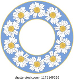 Isolated vector illustration. Abstract round decor, frame or texture with chamomile or daisy flowers.