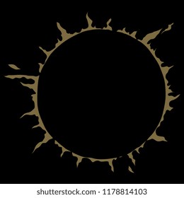 Isolated vector illustration. Abstract round decor or frame. Ring of flames. Stylized sun. Solar symbol. Hand drawn art. Gold silhouette on black background.