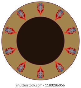 Isolated vector illustration. Abstract round decor, frame or texture with stylized heads of African bird Southern Ground Hornbill. (Bucorvus leadbeateri). Flat cartoon style.