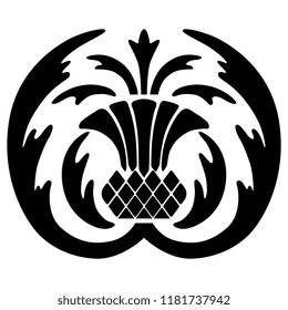 Isolated vector illustration. Abstract round decor or logo with stylized thistle. Based on vintage motif. Black silhouette on white background.