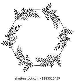 Isolated vector illustration. Abstract round floral decor or frame. Wreath of with stylized tree branches with leaves. Black silhouette on white background.
