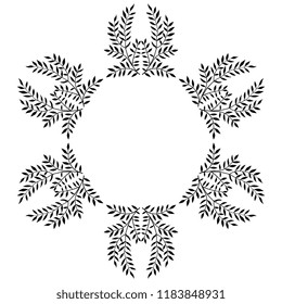 Isolated vector illustration. Abstract round decor or frame with silhouetted floral motifs. Black silhouette on white background.