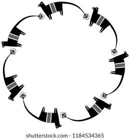 Isolated vector illustration. Abstract round decor or frame with stylized animals. Based on ancient Native American Mogollon Mimbres culture motif. Black silhouette on white background.