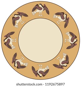 Isolated vector illustration. Abstract round decor, frame or texture with silhouettes of fantastic female birds. Based on ancient Greek vase painting motif of a Siren.