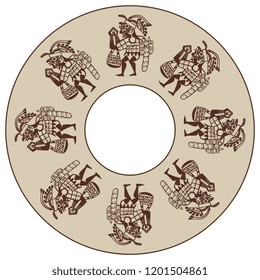 Isolated vector illustration. Abstract round decor, frame or texture with silhouettes of fantastic male characters. Based on ancient Peruvian Mochica or Moche art.