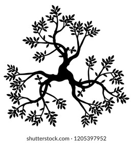 Isolated vector illustration. Abstract round decor, emblem or mandala with three ornate tree branches with leaves. Black silhouette on white background.