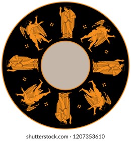 Isolated vector illustration. Abstract round decor, frame or texture with silhouettes of ancient Greek gods Apollo and Artemis.