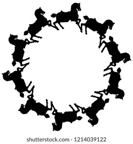 Isolated vector illustration. Abstract round decor or frame with silhouettes of running horses. 