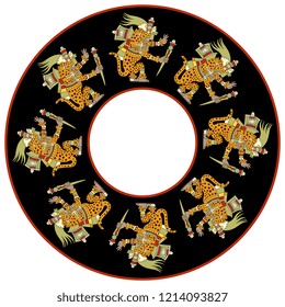 Isolated vector illustration. Abstract round decor, frame or texture with silhouettes of fantastic jaguars. Based on ancient Mexican Aztec motif. 