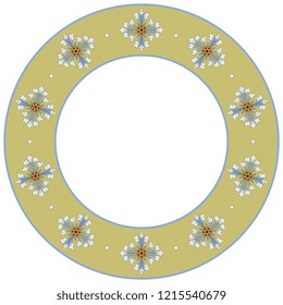 Isolated vector illustration. Abstract round decor, frame or texture with stylized vintage flowers and dots.